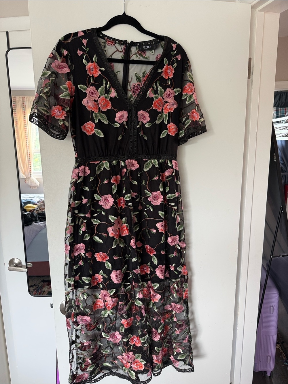 Floral Embroidered Black Midi Dress with Pink Roses
